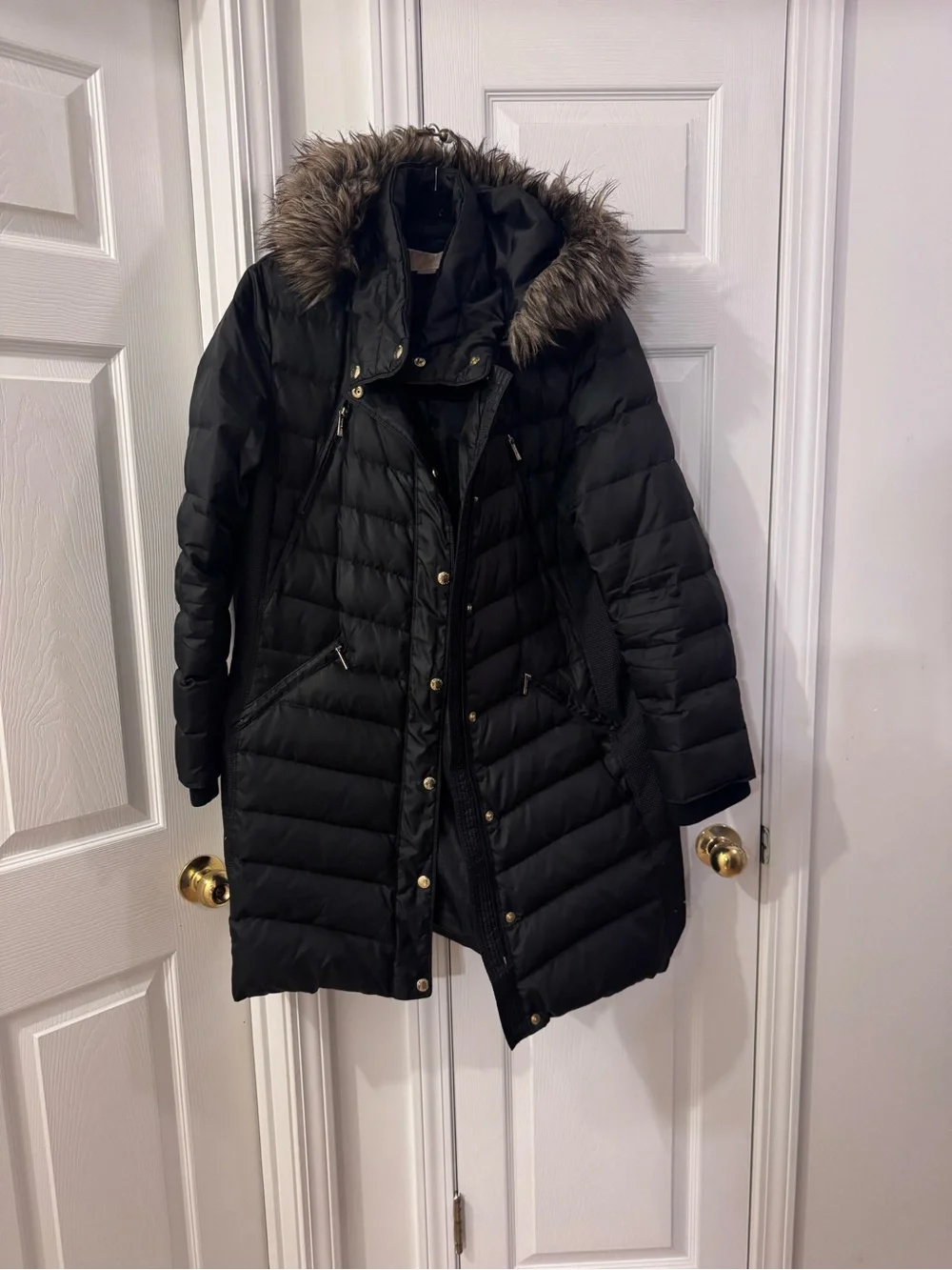Michael Kors Black Quilted Puffer Coat Faux Fur Hood